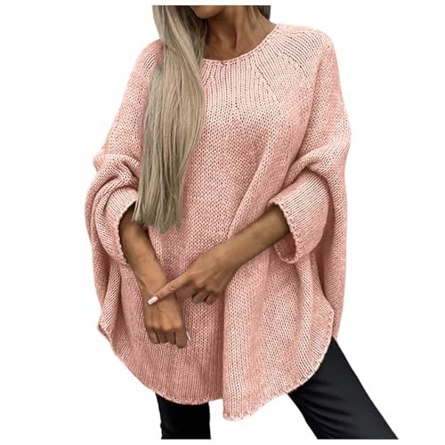 Tseonmis Eleganter gestrickter Cape-Pullover für Damen, Herbstpullover mit Rundhalsausschnitt und Fledermausärmeln, gestrickter Cape-Pullover (Pink,Small-Medium) von Tseonmis