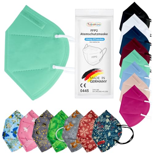 TubeRoo FFP2 Maske Hellgrün Mint Grün Pastellgrün 5 Stück Masken aus Deutschland, Made in Germany, weiche runde Ohrschlaufen Bänder, Atemschutzmaske, Mundschutz, Schutzmaske von TubeRoo