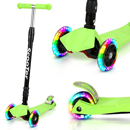 Tubiaz Kinder Roller mit 3 LED Leuchtenden Räder,4 Höhenverstellbarer und Faltbar Kinderscooter, Rutschfest und langlebig, für Kinder Roller ab 3-14 Jahre, bis 50kg, Grün von Tubiaz