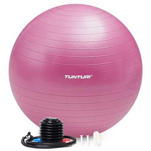 Tunturi Anti Burst Fitnessball mit Pumpe - Yoga-Ball 75 cm - Pilates-Ball - Schwangerschaftsball – 220 kg Benutzergewicht - Inklusive Trainings-App – Lila von Tunturi