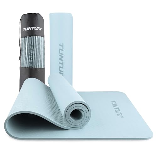 Tunturi Dicke Yogamatte 8mm - Rutschfest Gymnastikmatte - Mit Tragegurt - Für Yoga und Pilates - Sportmatte 183x61x0,8cm -Schadstofffrij - Besonders komfortabel - Hellblau von Tunturi