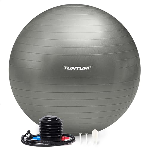 Tunturi Anti Burst Fitnessball mit Pumpe - Yoga-Ball 55 cm - Pilates-Ball - Schwangerschaftsball – 220 kg Benutzergewicht - Inklusive Trainings-App – Silber von Tunturi