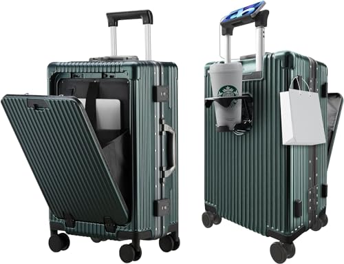 TurelinnG Koffer,24 Zoll Aluminiumrahmen Suitcase mit Spinner-Rädern, Eingebautes TSA-Schloss, mit USB-Anschluss & Becherhalter & Telefonhalter Harter Handgepäck Koffer & Trolleys(Grün) von TurelinnG