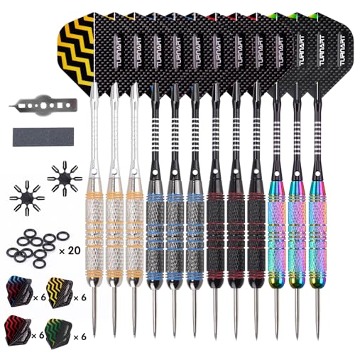 Turnart Dartpfeile Metallspitze -12 Stück 24 Gramm Profi Steel Darts Pfeile Dartpfeile Profi Dartpfeile Steel Set 12 Aluminium Schaft mit 24 Flights 20 Anti-Lose Gummiringe (Bunt) von Turnart