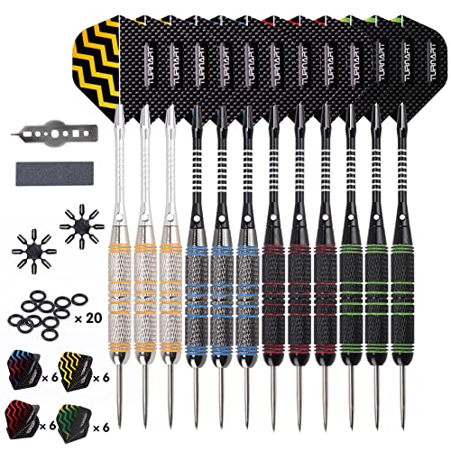 Turnart Dartpfeile Metallspitze -12 Stück 24 Gramm Profi Steel Darts Pfeile Dartpfeile Profi Dartpfeile Steel Set 12 Aluminium Schaft mit 24 Flights 20 Anti-Lose Gummiringe von Turnart