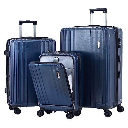 TydeCkare 3-teiliges Gepäckset 20/24/28, 20" Handgepäck mit Vordertasche und 24/28" mit Erweiterbarem ABS+PC-Koffer mit 4 Leisen Rädern, TSA, YKK, Dunkelblau von TydeCkare