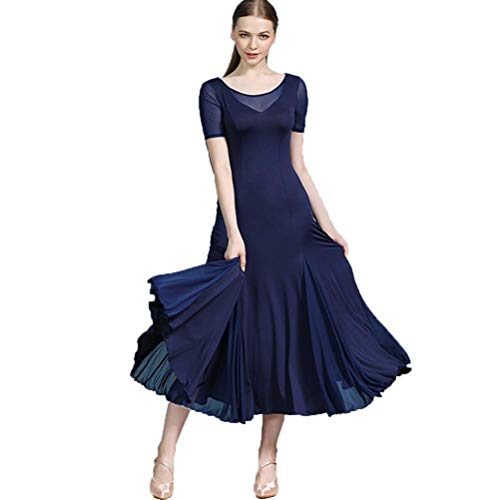 Kurzarm Gesellschaftstanz Kleider Für Damen Moderner Walzer Leistungsanzug Standard Party Tanzkleid Tango Glatte Turnierkleider Big Swing Dress,Blau,XL von Tzdd