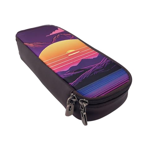 UENFFKDAP Retrowave Bilder Leder Federmäppchen Schülermäppchen Reißverschluss Federmäppchen Geeignet für Schulen und Büros, Unisex, Schwarz , Einheitsgröße, Kosmetiktasche von UENFFKDAP