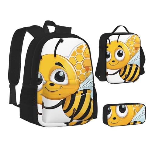 UENFFKDAP Rucksack Set mit Bienendruck, mit Lunch-Tasche und Federmäppchen, große Kapazität, Schultasche, leichter Freizeitrucksack von UENFFKDAP