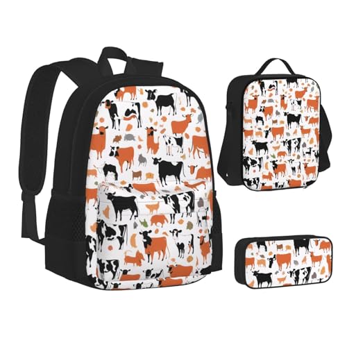 UENFFKDAP Rucksack Set mit Kuhmuster und Lunchtasche und Federmäppchen, große Kapazität, Schultasche, leichter Freizeitrucksack von UENFFKDAP