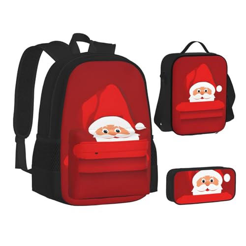 UENFFKDAP Süßes Weihnachtsmann-Druck-Rucksack-Set, mit Lunch-Tasche und Federmäppchen, große Kapazität, Schultasche, leichter Freizeitrucksack von UENFFKDAP