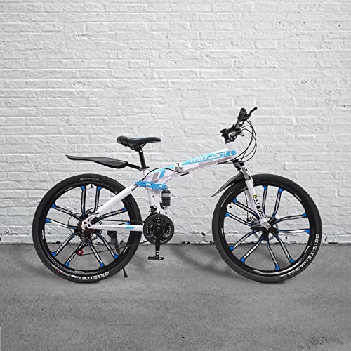UESUENYENS Mountainbike 26 Zoll 21 Gang Faltrad mit Doppeltem Stoßdämpfungsrahmen - Scheibenbremsen-Fahrräder, Vollgefederte Fahrräder, Perfekt für Männer und Frauen (Blau Weiß) von UESUENYENS