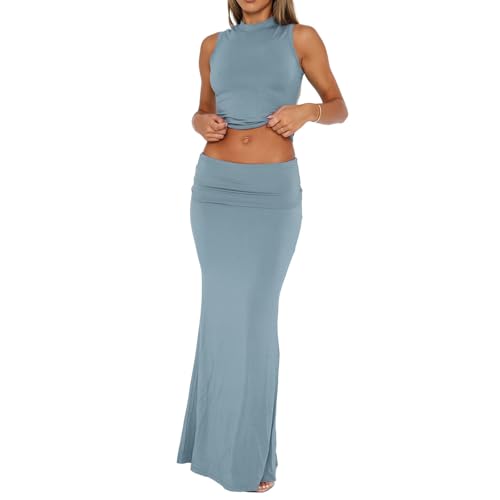 2-teilige Outfits für Damen, Rollkragen-Crop-Top, Tanktop und Figurbetonter Maxirock, Zweiteilige Outfits für den Sommer (Blue,XL) von UFZKOOEP