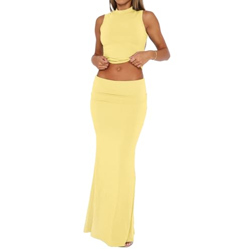 2-teilige Outfits für Damen, Rollkragen-Crop-Top, Tanktop und Figurbetonter Maxirock, Zweiteilige Outfits für den Sommer (Yellow,XS) von UFZKOOEP