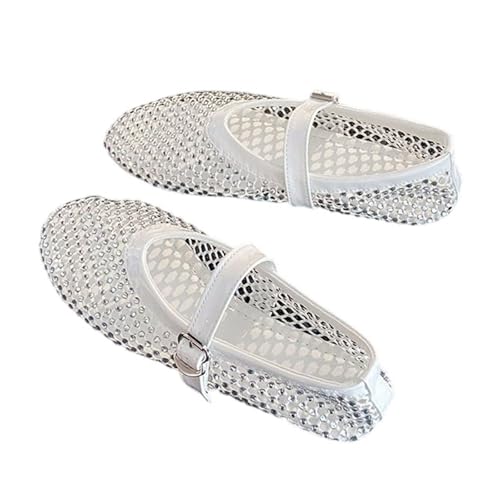 UFZKOOEP Ballerinas aus Netzstoff mit Strasssteinen für Damen, glitzernde Ballerinas mit Schnallenriemen, Ballerinas aus Netzstoff mit Kristallen für Damen (White,41) von UFZKOOEP