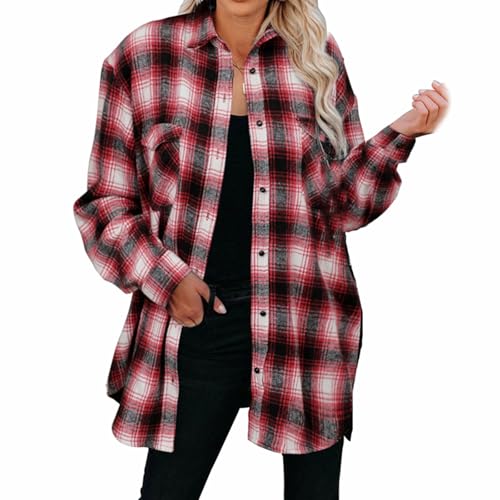 UFZKOOEP Damen-Hemdjacke mit gewaschenen Nähten und Taschen, langärmliges, lässiges Button-Down-Karohemd (Red,L) von UFZKOOEP