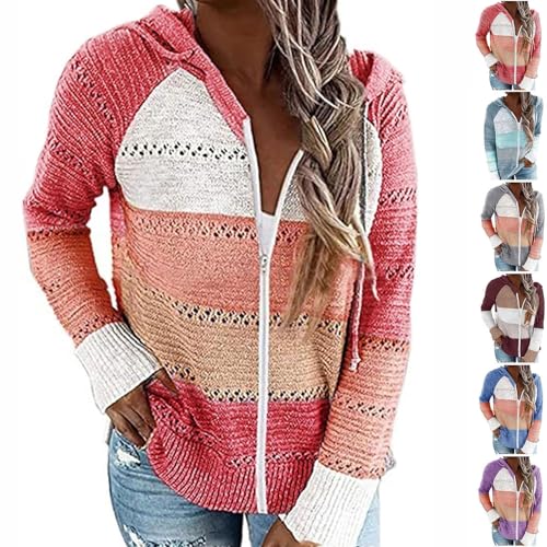 UFZKOOEP Damen-Kapuzenpullover mit Reißverschluss, gestreifte Farbblock-Strick-Kapuzenpullover, Herbst-Kapuzenpullover für Damen (Pink,L) von UFZKOOEP