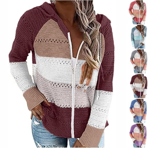 UFZKOOEP Damen-Kapuzenpullover mit Reißverschluss, gestreifte Farbblock-Strick-Kapuzenpullover, Herbst-Kapuzenpullover für Damen (Red,XXL) von UFZKOOEP