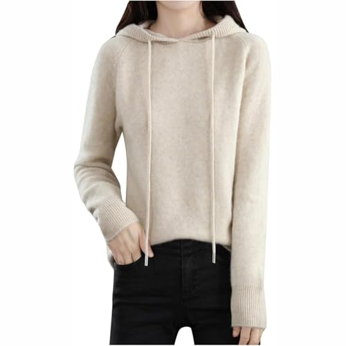 UFZKOOEP Damen-Kaschmirpullover mit Kapuze, langärmliger Kaschmir-Kapuzenpullover, langärmliger Rundhalspullover, weicher, Warmer Pullover (Beige,XL) von UFZKOOEP