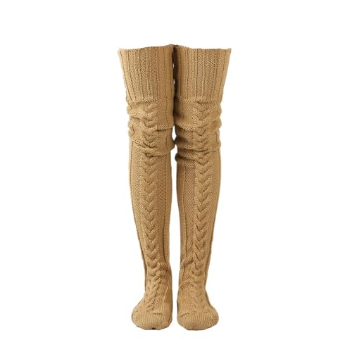 UFZKOOEP Damen-Oberschenkelstrümpfe mit Zopfmuster, Overknee-Stiefelsocken mit Zopfmuster, extra Lange Beinwärmer (Brown,One Size) von UFZKOOEP