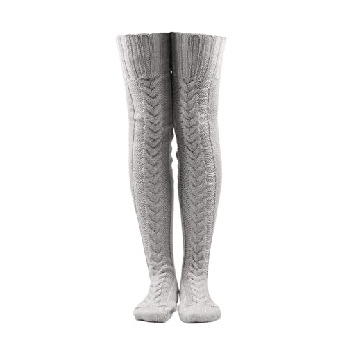 UFZKOOEP Damen-Oberschenkelstrümpfe mit Zopfmuster, Overknee-Stiefelsocken mit Zopfmuster, extra Lange Beinwärmer (Gray,One Size) von UFZKOOEP