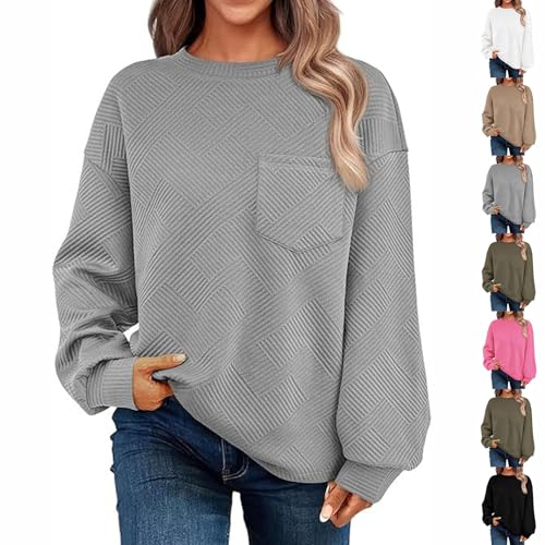 UFZKOOEP Damen-Sweatshirts mit Rundhalsausschnitt, lässiges, lockeres Jacquard-Pullover-Oberteil, lässige Outfits, Herbstkleidung 2024 (Gray,M) von UFZKOOEP