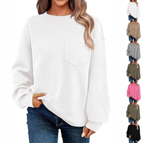 UFZKOOEP Damen-Sweatshirts mit Rundhalsausschnitt, lässiges, lockeres Jacquard-Pullover-Oberteil, lässige Outfits, Herbstkleidung 2024 (White,S) von UFZKOOEP