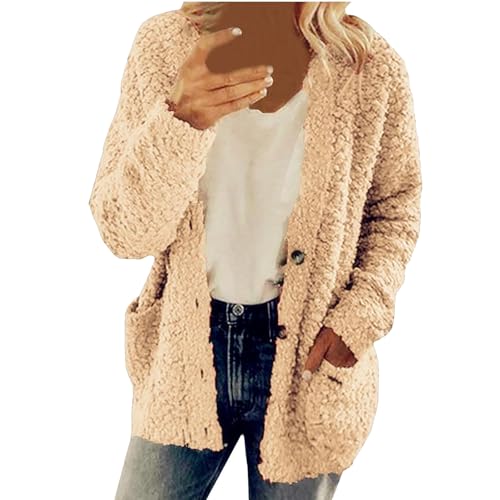 UFZKOOEP Fleecejacken mit offener Vorderseite für Damen, weiche Langarmjacke mit Taschen, Fleece-Cardigan-Pullover für Damen (Khaki,XXL) von UFZKOOEP