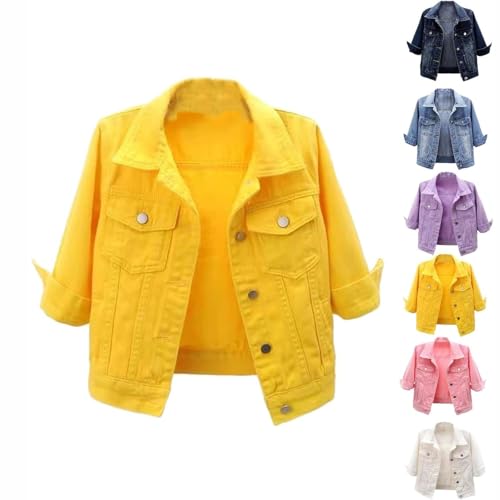 UFZKOOEP Jeansjacken für Damen 2024, 3/4-Ärmel, farbige, verkürzte Jeansjacke, lässige Jeansjacke mit Revers und Knopfleiste (Yellow,4XL) von UFZKOOEP