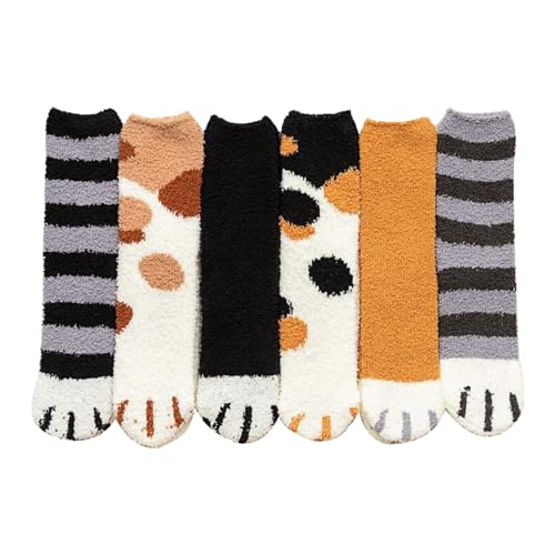 UFZKOOEP Katzenkrallensocken, süße Katzenpfotensocken, Winter-Plüsch-Hausschuhsocken, Flauschige warme Schlafsocken für Damen (6 Pairs,One Size) von UFZKOOEP