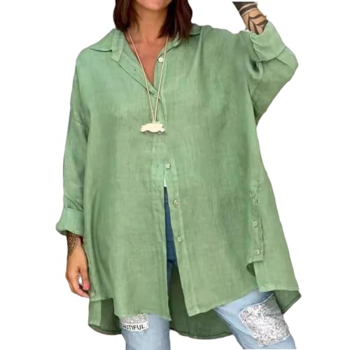 UFZKOOEP Lässiges, einfarbiges Langarm-Button-Down-Hemd für Damen, Baumwoll-Leinen-Button-Down-Hemden, lässige Hemden für Damen (Green,L) von UFZKOOEP