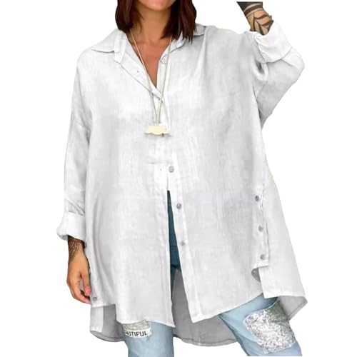 UFZKOOEP Lässiges, einfarbiges Langarm-Button-Down-Hemd für Damen, Baumwoll-Leinen-Button-Down-Hemden, lässige Hemden für Damen (White,XXL) von UFZKOOEP