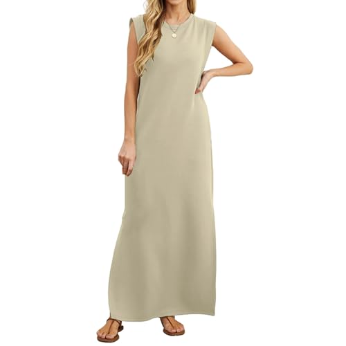 UFZKOOEP Lässiges, lockeres, langes Sommerkleid für Damen, lässiges, ärmelloses Sommerkleid mit Rundhalsausschnitt, lockere, Trendige Strandkleider (Khaki,S) von UFZKOOEP