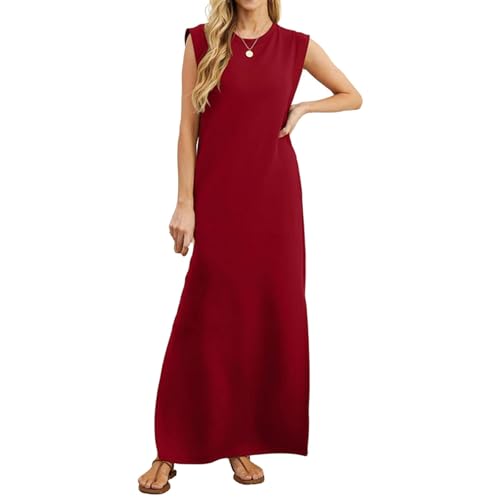 UFZKOOEP Lässiges, lockeres, langes Sommerkleid für Damen, lässiges, ärmelloses Sommerkleid mit Rundhalsausschnitt, lockere, Trendige Strandkleider (Red,L) von UFZKOOEP