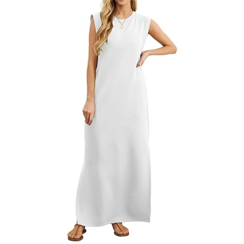 UFZKOOEP Lässiges, lockeres, langes Sommerkleid für Damen, lässiges, ärmelloses Sommerkleid mit Rundhalsausschnitt, lockere, Trendige Strandkleider (White,XXL) von UFZKOOEP