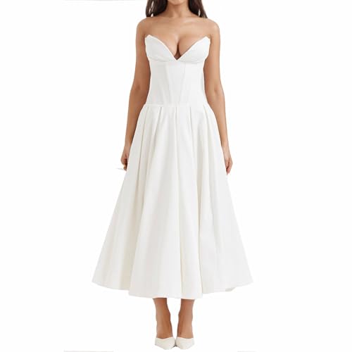 UFZKOOEP Milchmädchenkleid, Schulterfreies ärmelloses Kleid, langes formelles Party-Abendkleid, trägerloses Sommerkleid (White,L) von UFZKOOEP