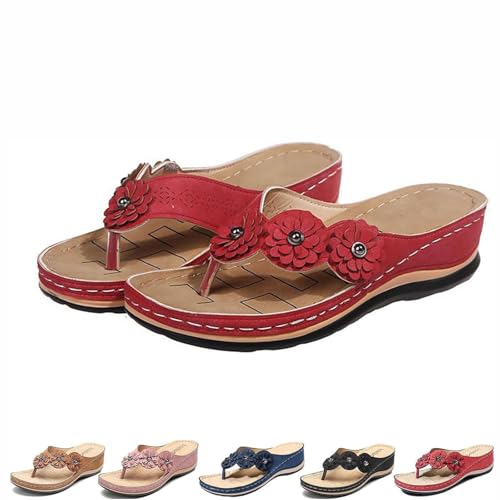 UFZKOOEP Orthopädische Sandalen mit Zehensteg und Blumenmuster für Damen, Bequeme Sandalen zum Gehen, Sandalen mit Zehensteg und Blumenmuster (Red,38) von UFZKOOEP