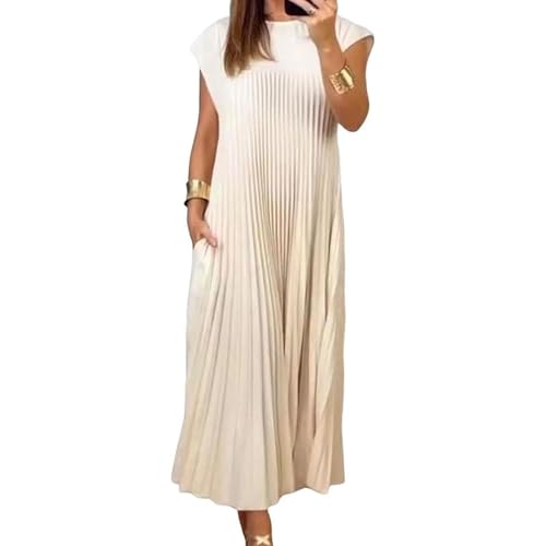 UFZKOOEP Plissiertes, Schlichtes, einfarbiges Damenkleid, ärmelloses Plissiertes Kleid mit Rundhalsausschnitt, Plissiertes Maxikleid für den Sommer (Beige,L) von UFZKOOEP