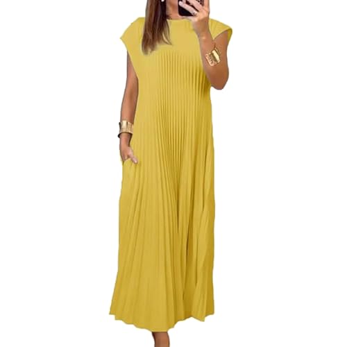 UFZKOOEP Plissiertes, Schlichtes, einfarbiges Damenkleid, ärmelloses Plissiertes Kleid mit Rundhalsausschnitt, Plissiertes Maxikleid für den Sommer (Yellow,M) von UFZKOOEP