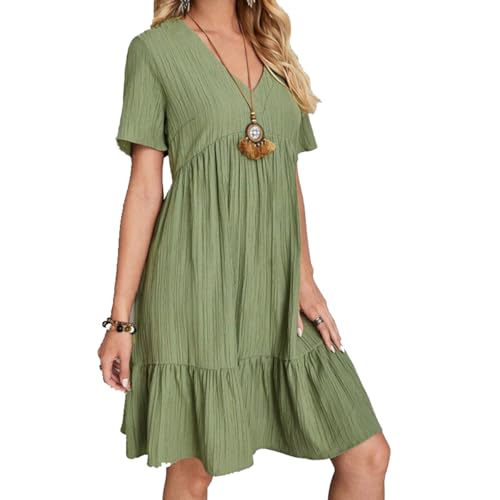 UFZKOOEP Retro-V-Ausschnitt-Kleidung für Damen, lässiges, fließendes Midikleid mit kurzen Ärmeln, Sommerkleider für Damen (Green,XL) von UFZKOOEP