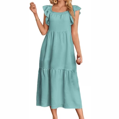 UFZKOOEP Sommer-Maxikleider für Damen, einfarbiges Rüschenkleid mit quadratischem Ausschnitt, lässiges, fließendes Maxikleid mit Smokarbeit (Green,L) von UFZKOOEP