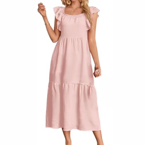 UFZKOOEP Sommer-Maxikleider für Damen, einfarbiges Rüschenkleid mit quadratischem Ausschnitt, lässiges, fließendes Maxikleid mit Smokarbeit (Pink,M) von UFZKOOEP