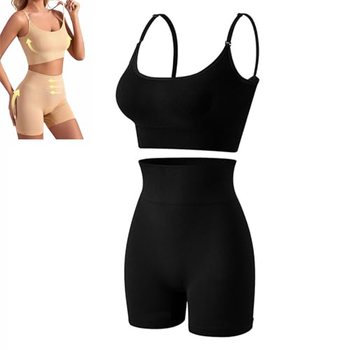 UFZKOOEP Trainingssets für Frauen, 2-teiliges Yoga-Outfit, bügelloser BH mit gerippten, verstellbaren Trägern, Yoga-Shorts mit hoher Taille (Black,L) von UFZKOOEP