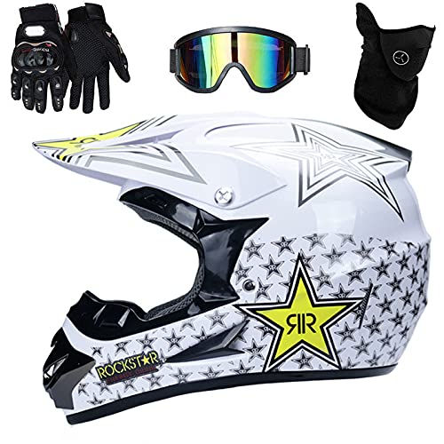 UIGJIOG Motorradhelm,Rockstar Motocross Helm,Helm Kinder,Helmets Kinder-Cross-Helm, Road Helm mit Handschuhe Maske Brille, ATV Helm MTB,Weiß,S(52~53cm) von UIGJIOG