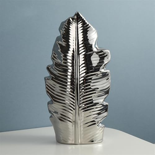 UIHECTA Schreibtisch Vase, Kreative Keramik Vase Als Dekoration, Moderner, Schlichter Blumenarrangement BehäLter FüR Zuhause, Blumentopf In Blattform, Vase Als BüCherregaldeko,Silber,H:29CM von UIHECTA