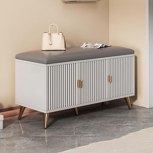 UIHECTA Schuhbank FüR Den Flur, Schuh Aufbewahrungs Organizer, Schuhregal Bank Mit TüR, Holz Aufbewahrungsbank, Mit Gepolstertem Sitzkissen, FüR Flur, Eingangsbereich, Schlafzimmer,Light Grey,90CM von UIHECTA