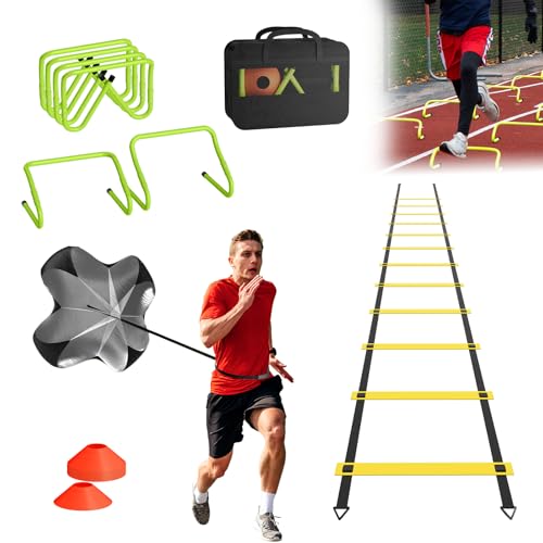 UISEBRT Fußball Trainingsset Trainingszubehör, Trainingsleiter 5m, 6 verstellbare Hürden, 12 Kegel, Widerstand Fallschirm, Aufbewahrungstasche, Fußball Kick Trainer für Kinder und Erwachsene von UISEBRT