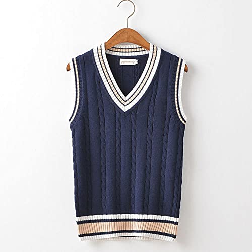 UKKO Herren Strickweste Männer Pullover Weste Verdickte V-Ausschnitt Ärmelloser Gestrickter Pullover Weste Gestreifte Retro College Stil Einfach Casual All-Match-Blue,L von UKKO