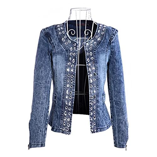 UKKO Jeansjacke Frühling Herbst Denim Jacken Vintage Diamanten Freizeitmantel Denim Jacke Basisteile Oberbekleidung Jeans-Blue,S von UKKO