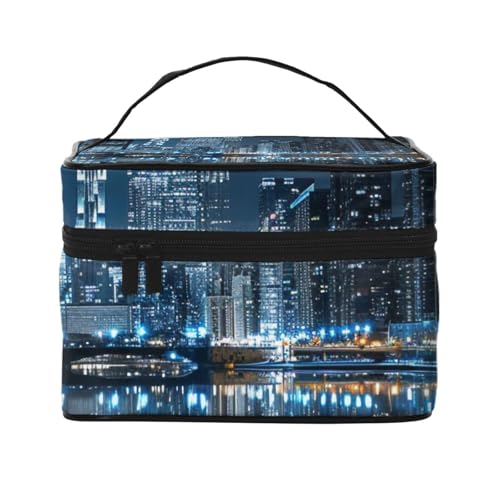 Chicago Make-up-Tasche mit reflektierendem Druck, tragbare Reise-Kosmetiktasche, Make-up-Organizer, Kosmetiktasche mit Innentasche und Griff, Schwarz , Einheitsgröße, Kosmetiktasche von ULKMFFCF